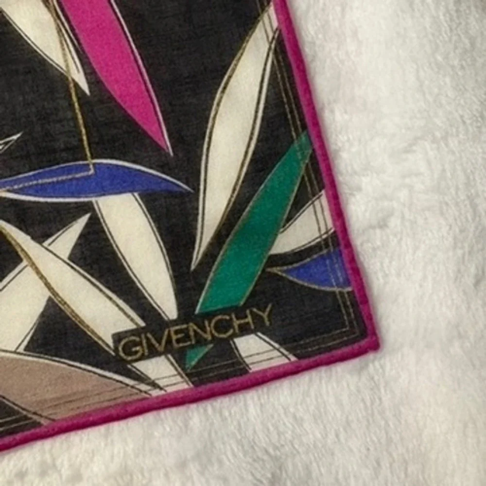 Vtg GIVENCHY Scarf Handkerchief Abstract Leaf Black Multi 18